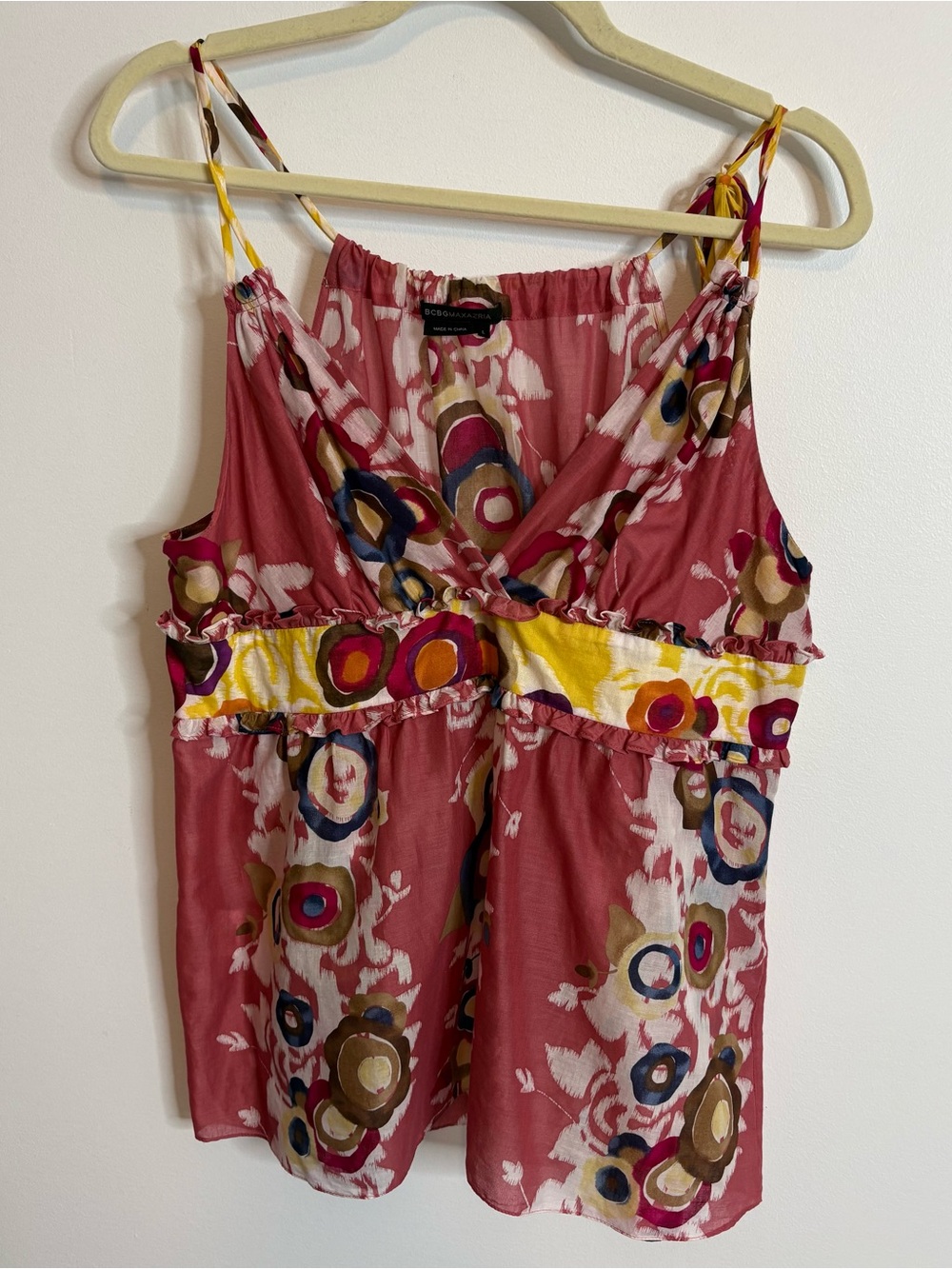 BCBGMaxAzria Pink Multi-Color Print Sleeveless Top Size L Cotton Boho